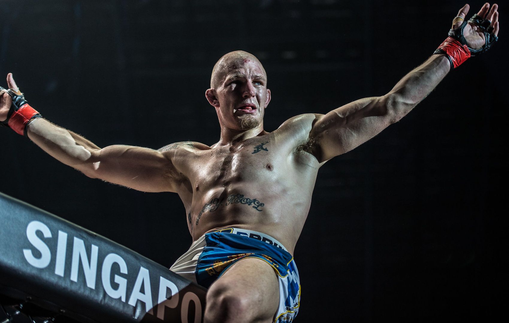 Swedish mixed martial artist Zebaztian Kadestam celebrates a big victory