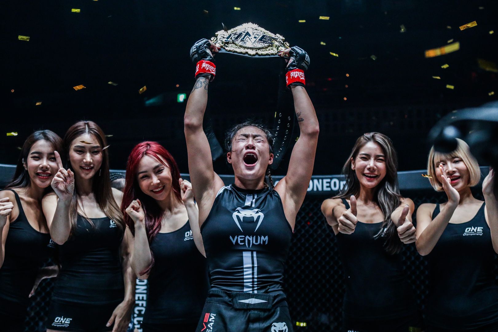 Angela Lee celebrates her win against Xiong Jing Nan at ONE CENTURY