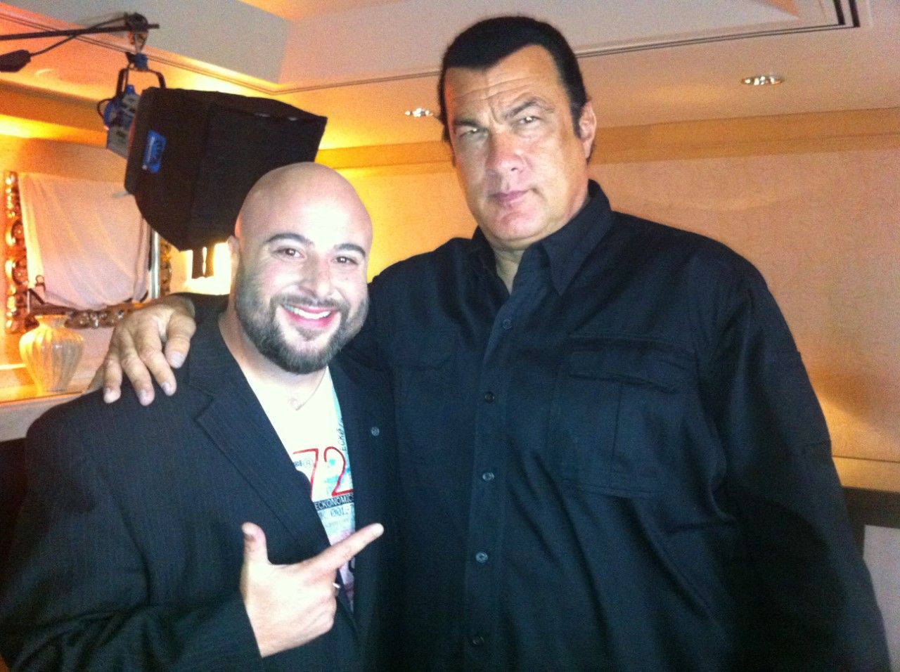 Michael Schiavello poses with Steven Seagal after an interview