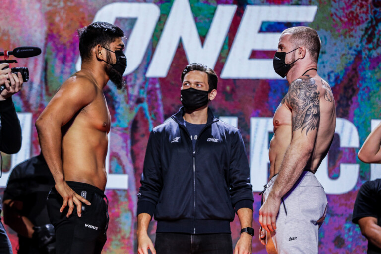 Aung La N Sang stares down Vitaly Bigdash before their trilogy MMA fight at ONE: FULL CIRCLE