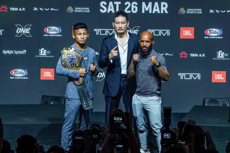 Rodtang and Demetrious Johnson pose at the ONE X press con