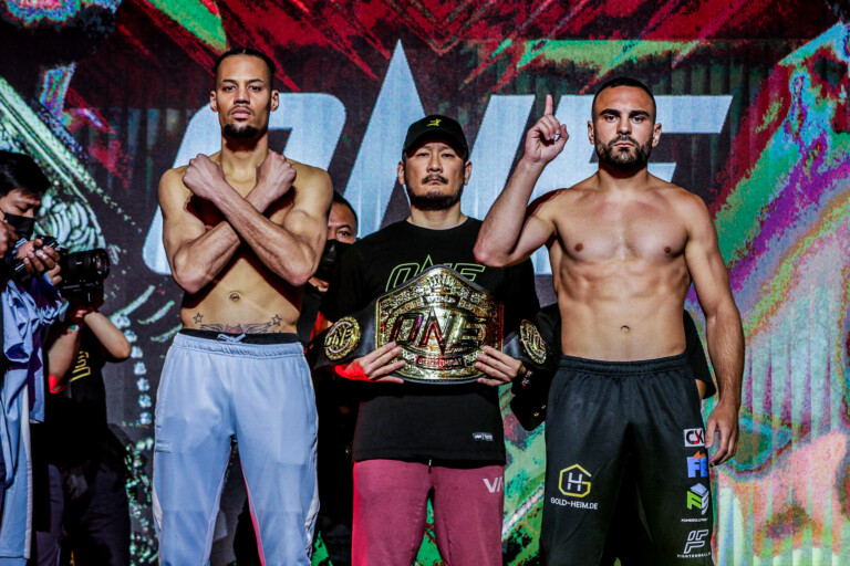 Regian Eersel and Arian Sadikovic at the ONE 156 ceremonial weigh-in and faceoffs