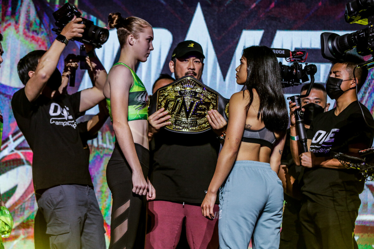 Smilla Sundell and Jackie Buntan stare each other down at the ONE 156 ceremonial weigh-ins and faceoffs