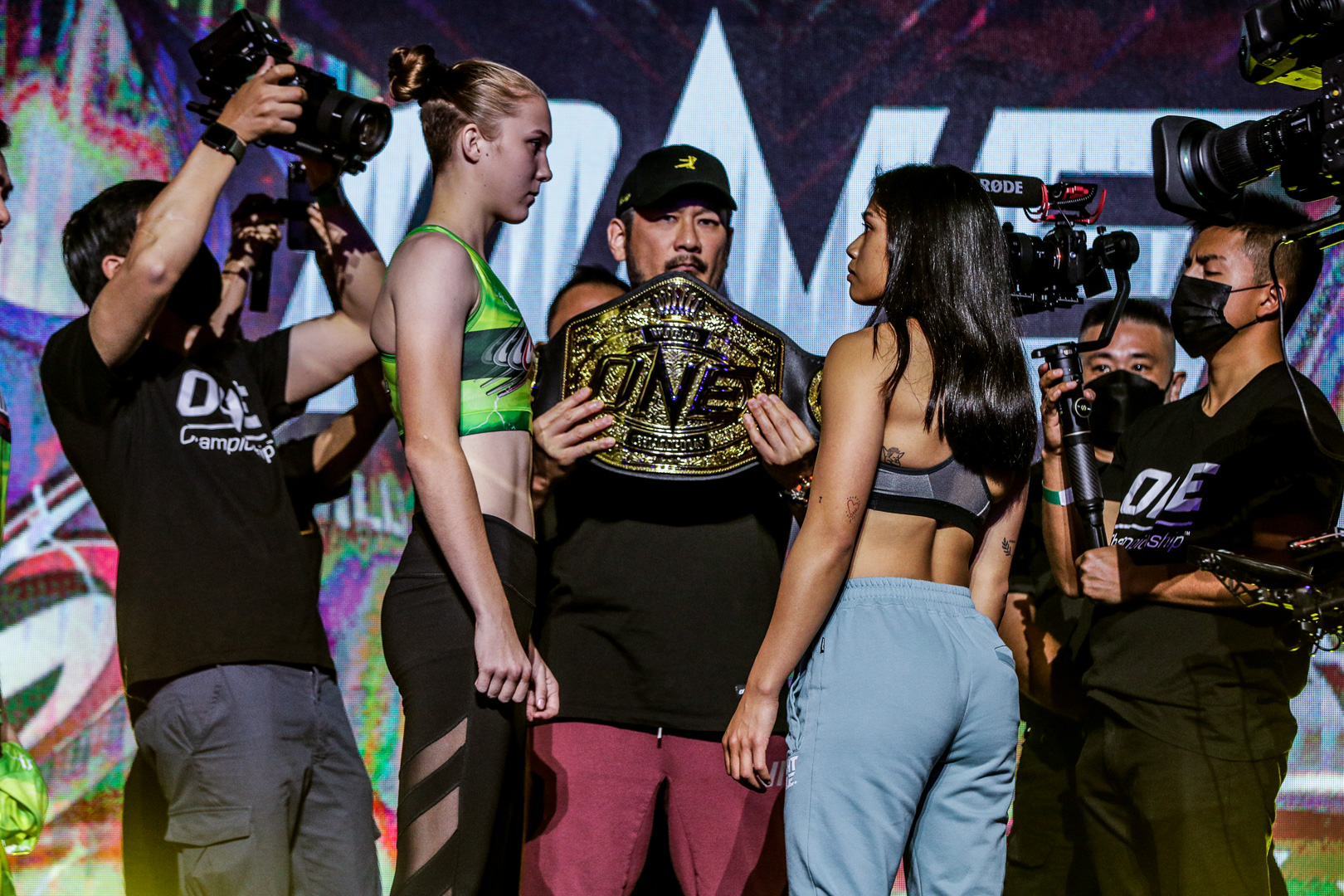 Smilla Sundell and Jackie Buntan stare each other down at the ONE 156 ceremonial weigh-ins and faceoffs