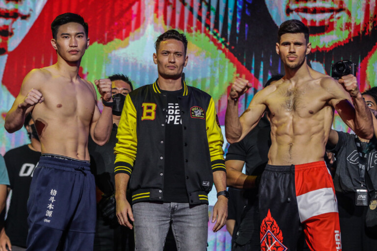 Tawanchai and Larsen at the One 158 Ceremonial Weigh-Ins and Faceoffs